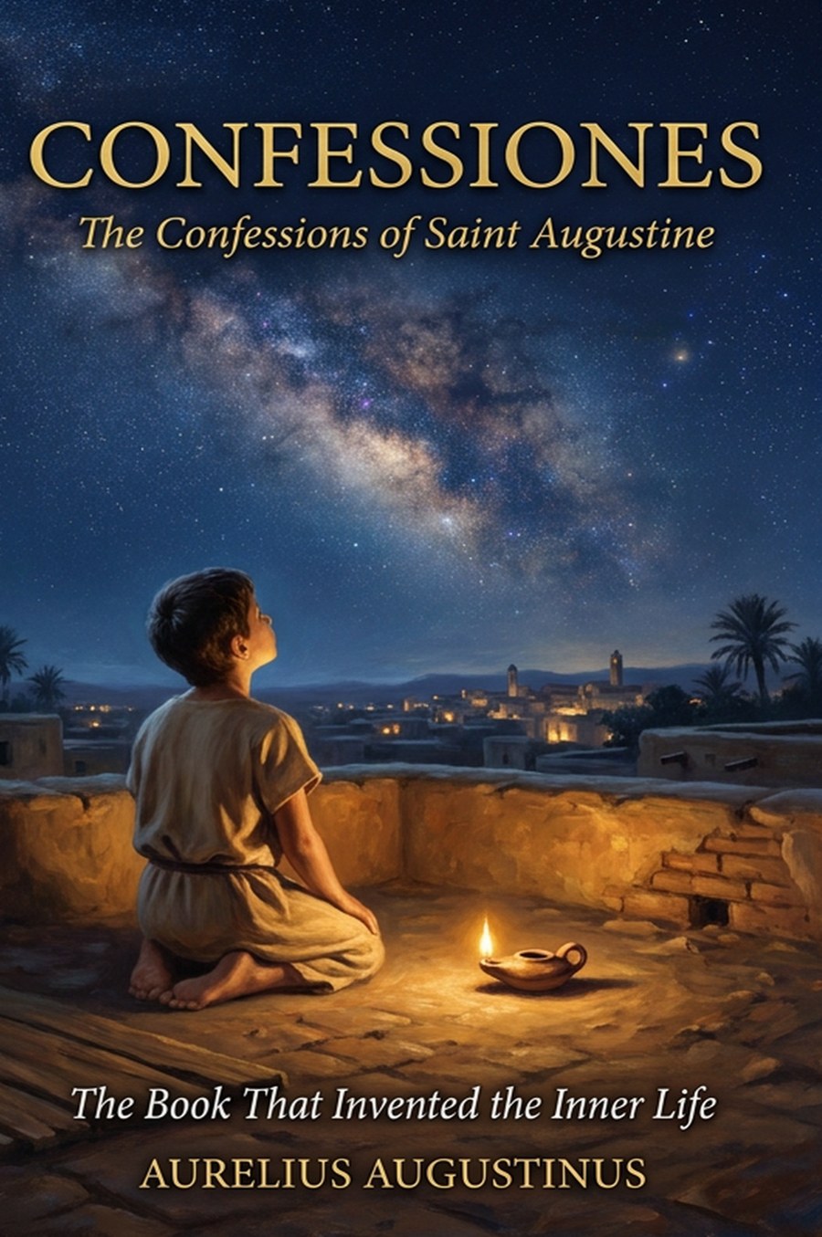 Confessiones — The Confessions of Saint Augustine in Easy Latin, book cover: a boy kneeling under the stars