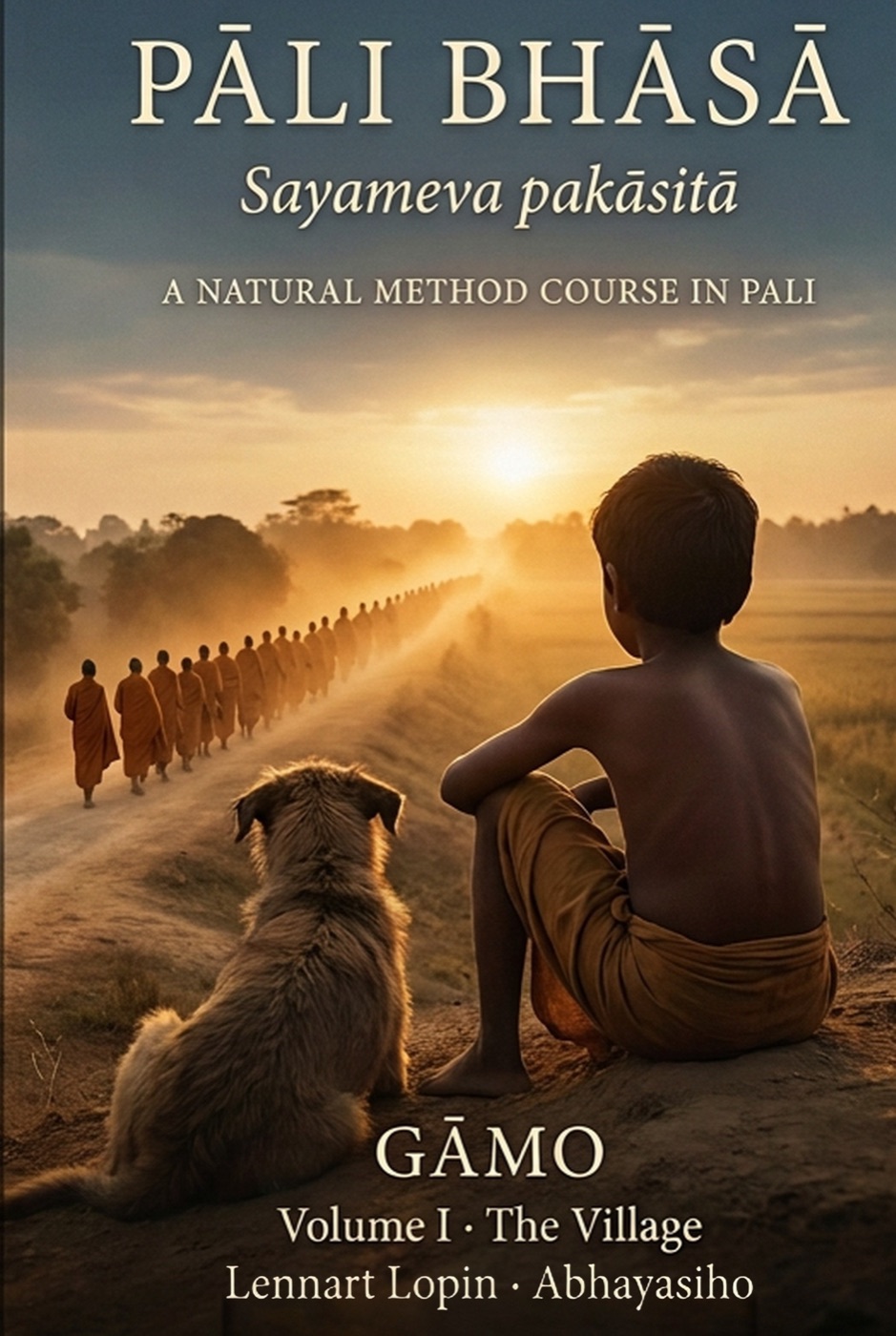 Pāli Bhāsā Volume I — The Village, book cover: a boy and his dog watching monks on a road at sunrise